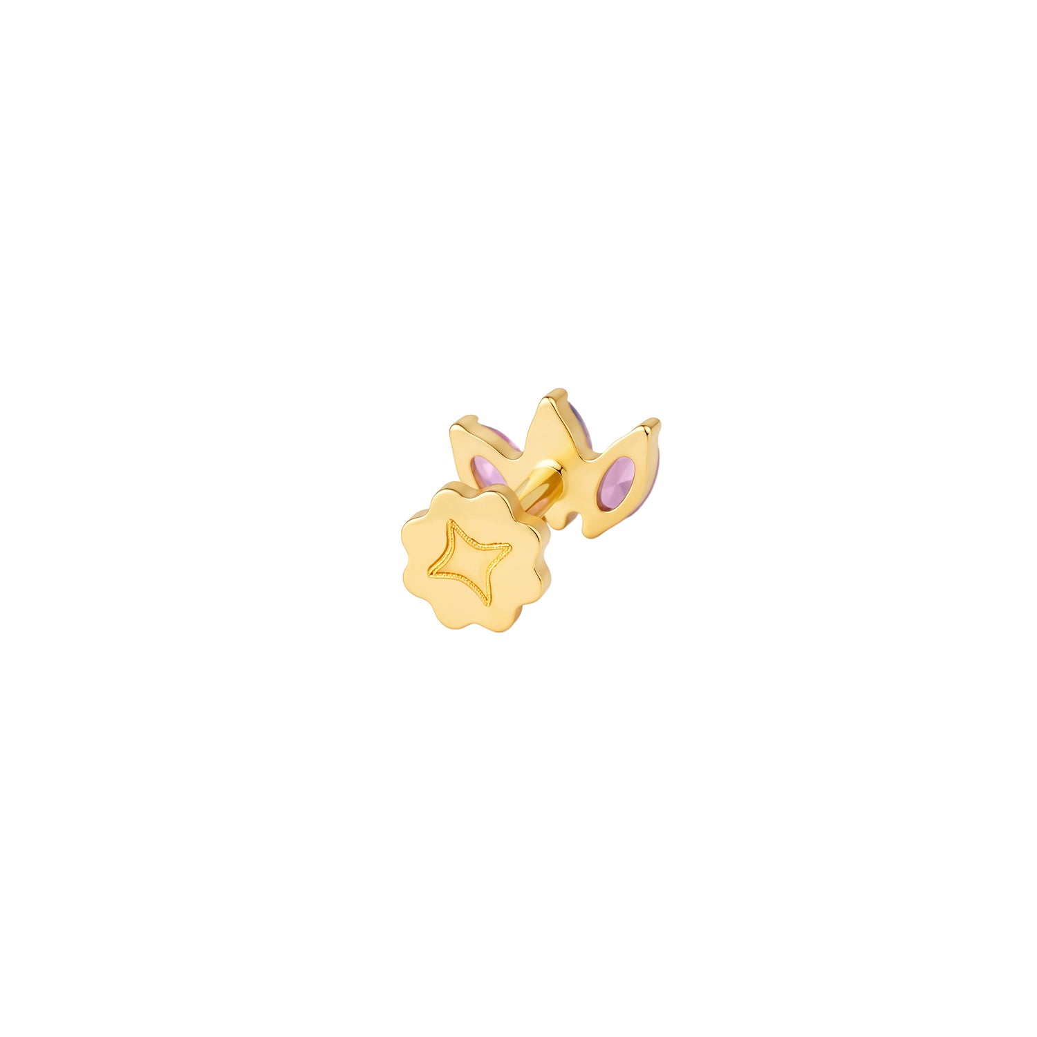 Back view of gold earring with three pink and blue marquise gemstones on a white background