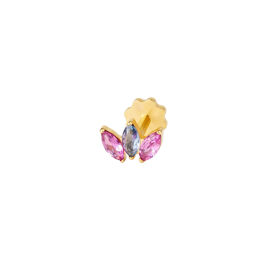 Front view of gold earring with three pink and blue marquise gemstones on a white background