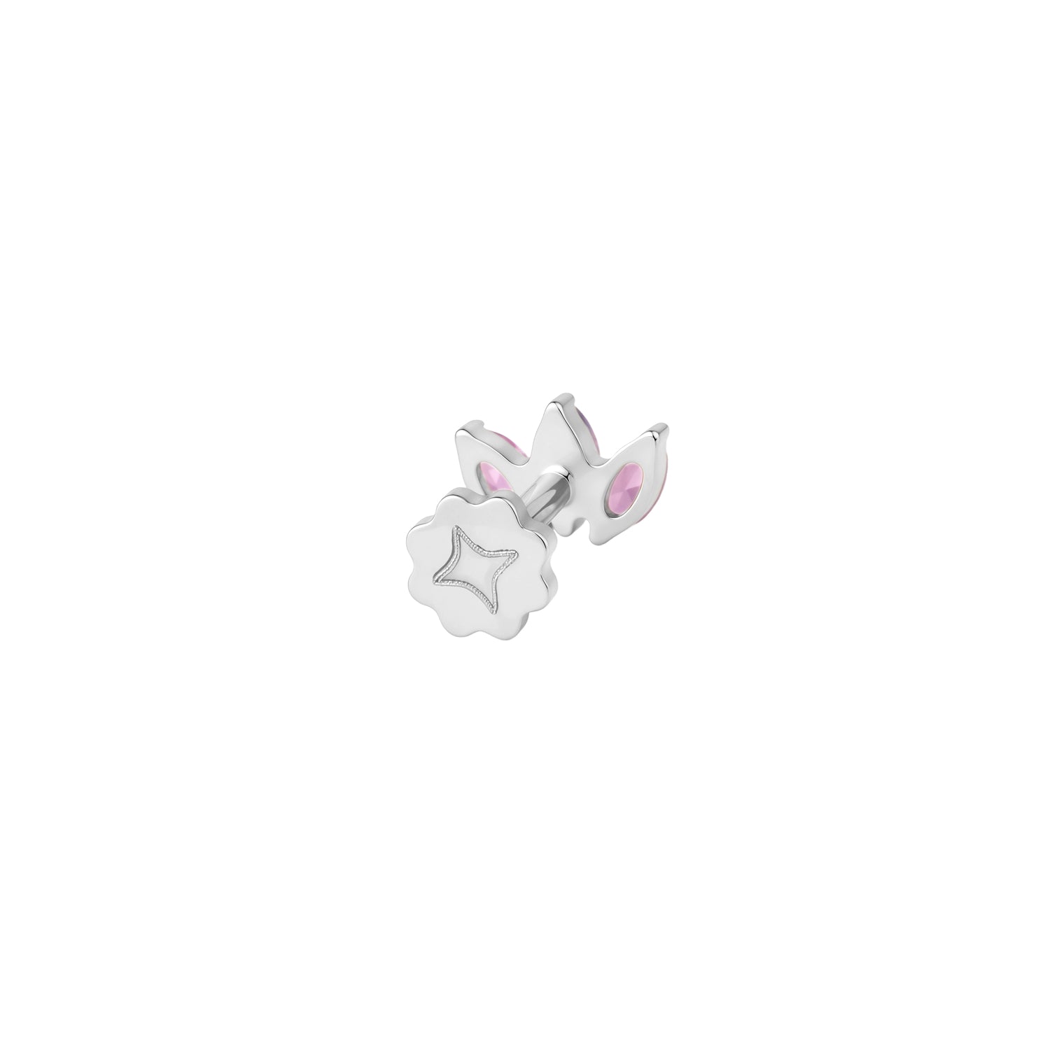 Back view of silver earring with three pink and blue marquise gemstones on a white background