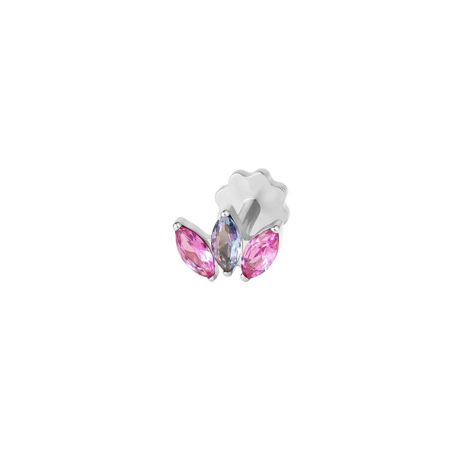 Front view of silver earring with three pink and blue marquise gemstones on a white background
