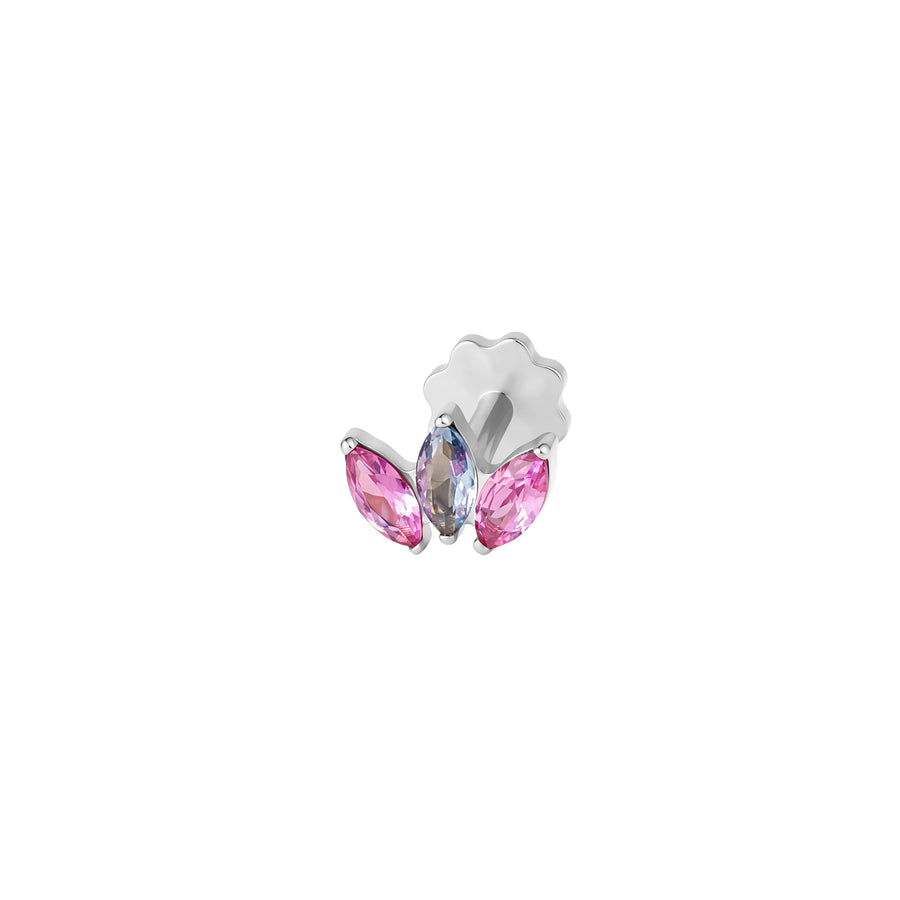 Front view of silver earring with three pink and blue marquise gemstones on a white background