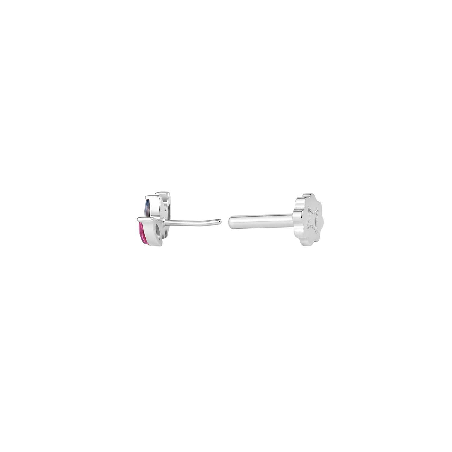 Side view of silver earring with three pink and blue marquise gemstones on a white background