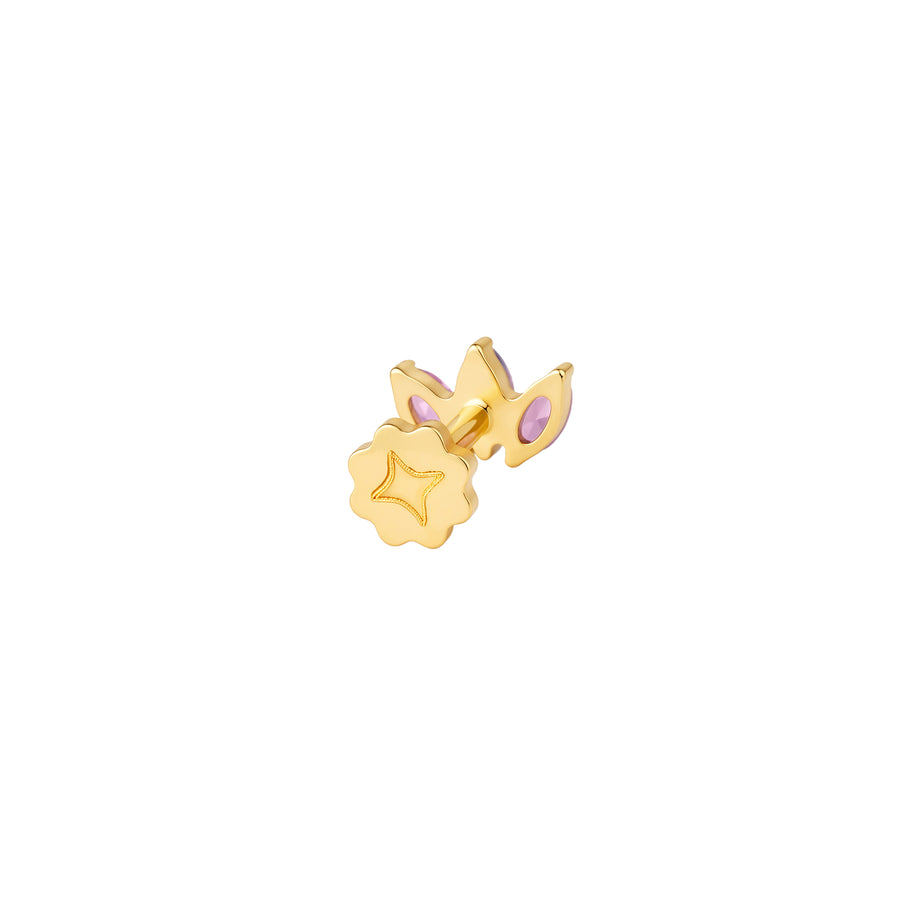 Back view of PVD gold titanium earring with three pink and blue marquise gemstones on a white background #gold