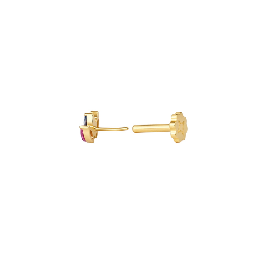 Side view of PVD gold titanium earring with three pink and blue marquise gemstones on a white background #gold