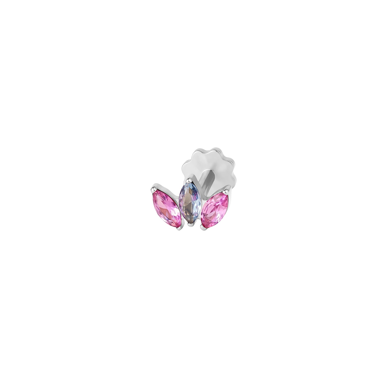 Front view of titanium earring with three pink and blue marquise gemstones on a white background
