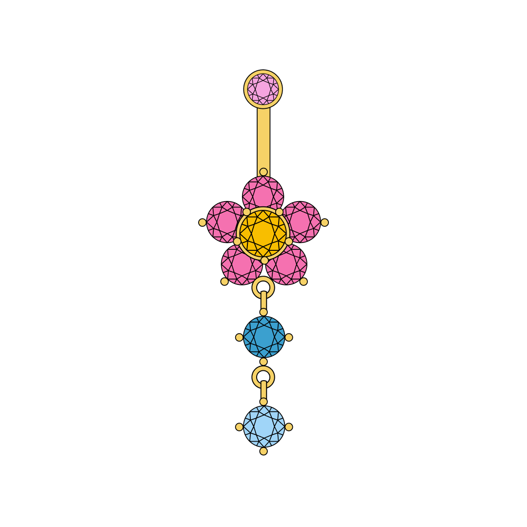 Flower belly button ring with pink petal, yellow center, and blue round gemstones dangling underneath in PVD gold titanium