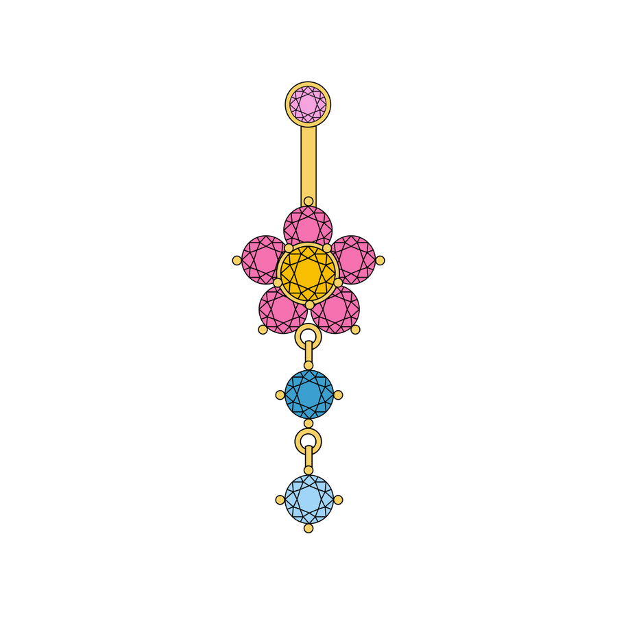 Flower belly button ring with pink petal, yellow center, and blue round gemstones dangling underneath in PVD gold titanium