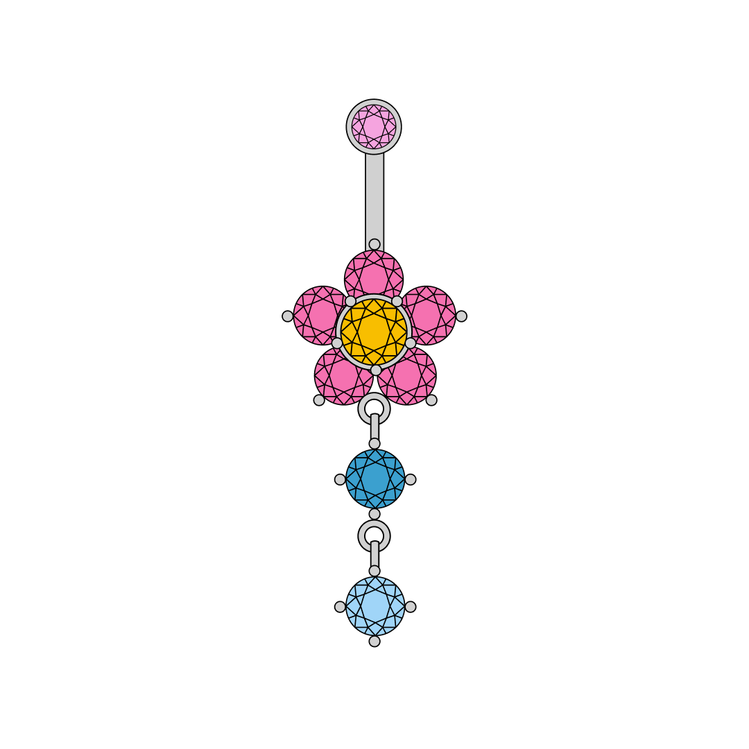 Flower belly button ring with pink petal, yellow center, and blue round gemstones dangling underneath in titanium