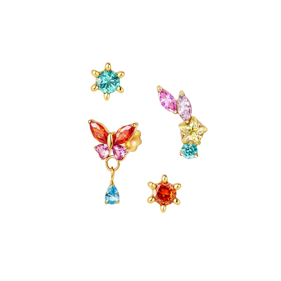 Four PVD gold titanium earrings on white background. 
Top left: orange and pink butterfly with a blue drop gemstone
Top right: turquoise stud with sun-ray-like prongs
Bottom left: orange stud with sun-ray-like prongs
Bottom right: curved earring with pink marquises, yellow star, and round turquoise gemstones #gold