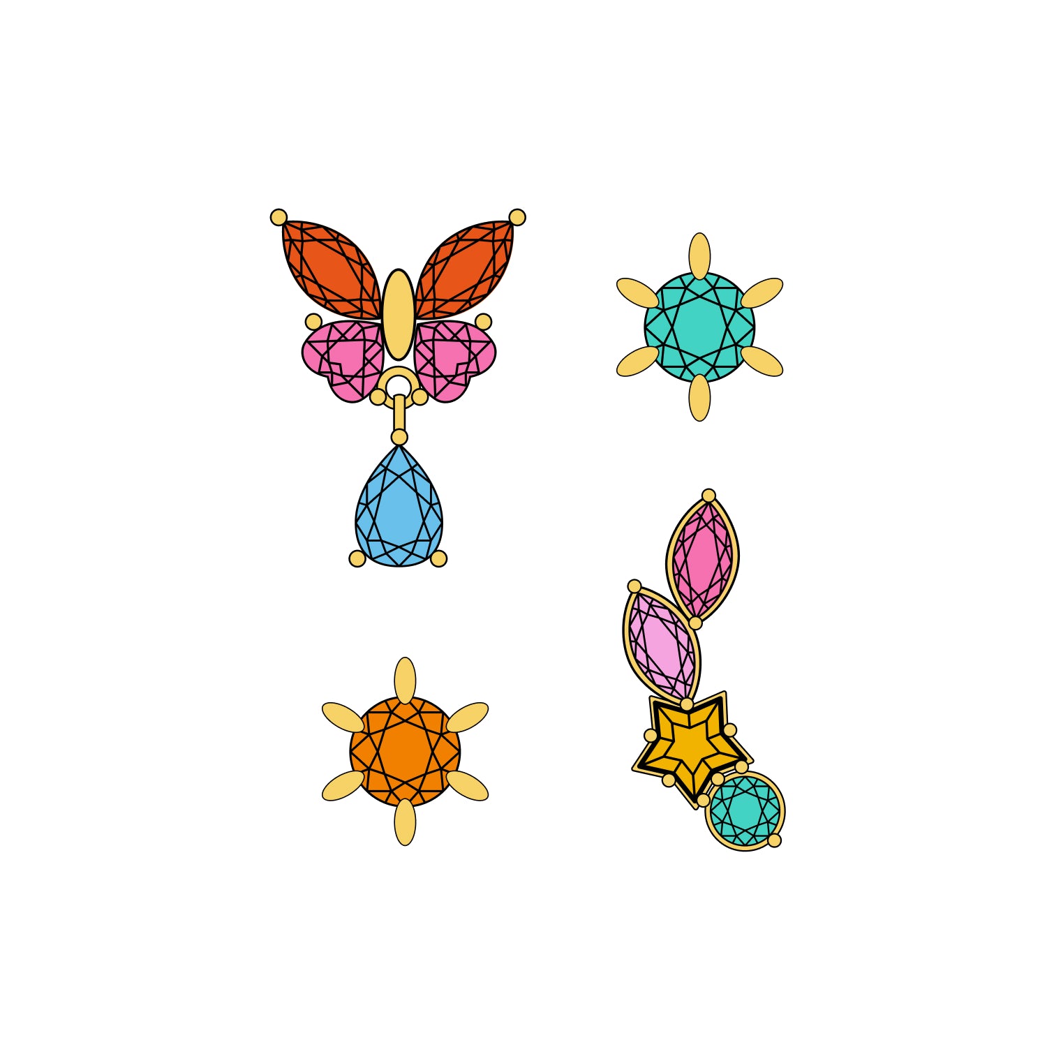 Four PVD gold titanium earrings on white background. 
Top left: orange and pink butterfly with a blue drop gemstone
Top right: turquoise stud with sun-ray-like prongs
Bottom left: orange stud with sun-ray-like prongs
Bottom right: curved earring with pink marquises, yellow star, and round turquoise gemstones