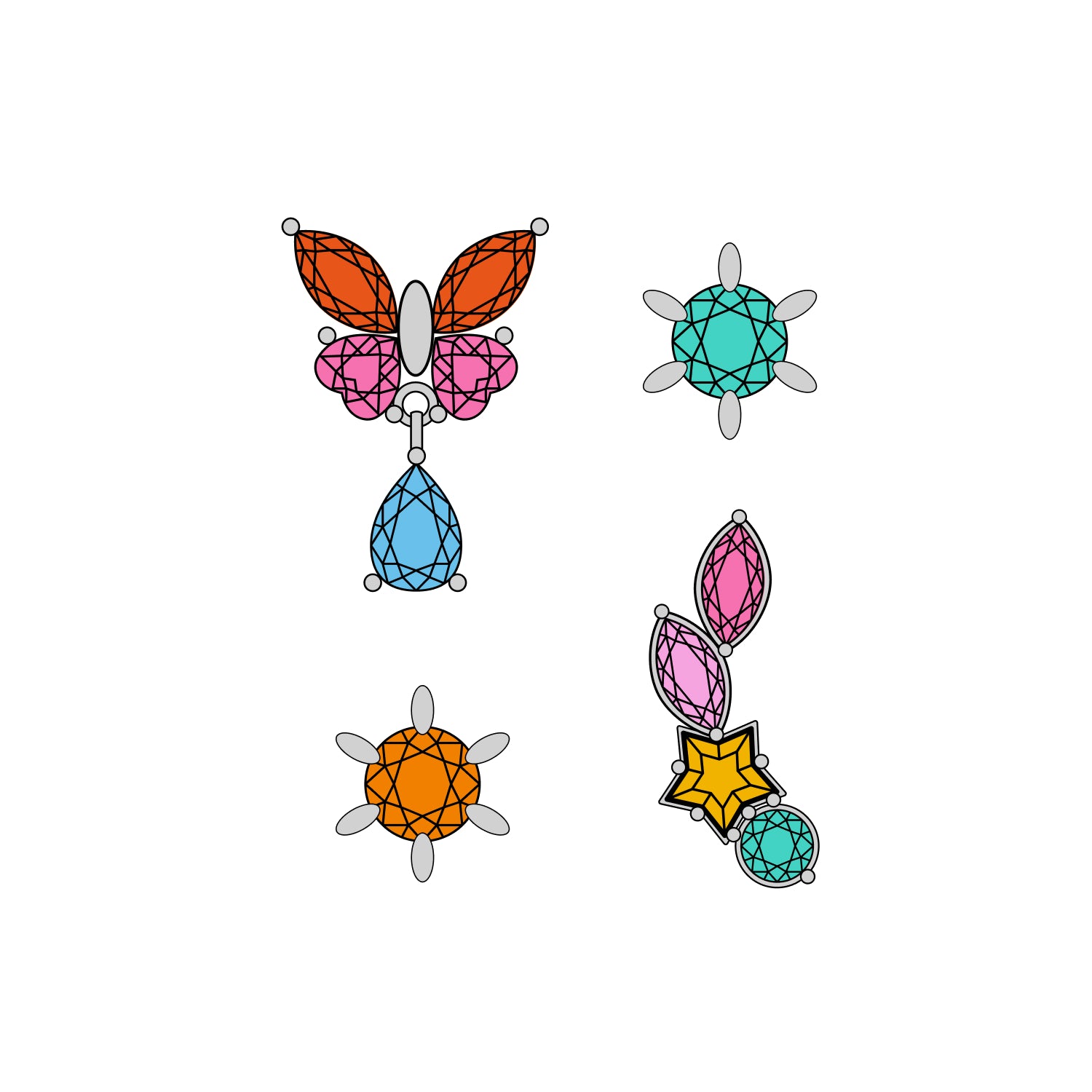 Four titanium earrings on white background. 
Top left: orange and pink butterfly with a blue drop gemstone
Top right: turquoise stud with sun-ray-like prongs
Bottom left: orange stud with sun-ray-like prongs
Bottom right: curved earring with pink marquises, yellow star, and round turquoise gemstones