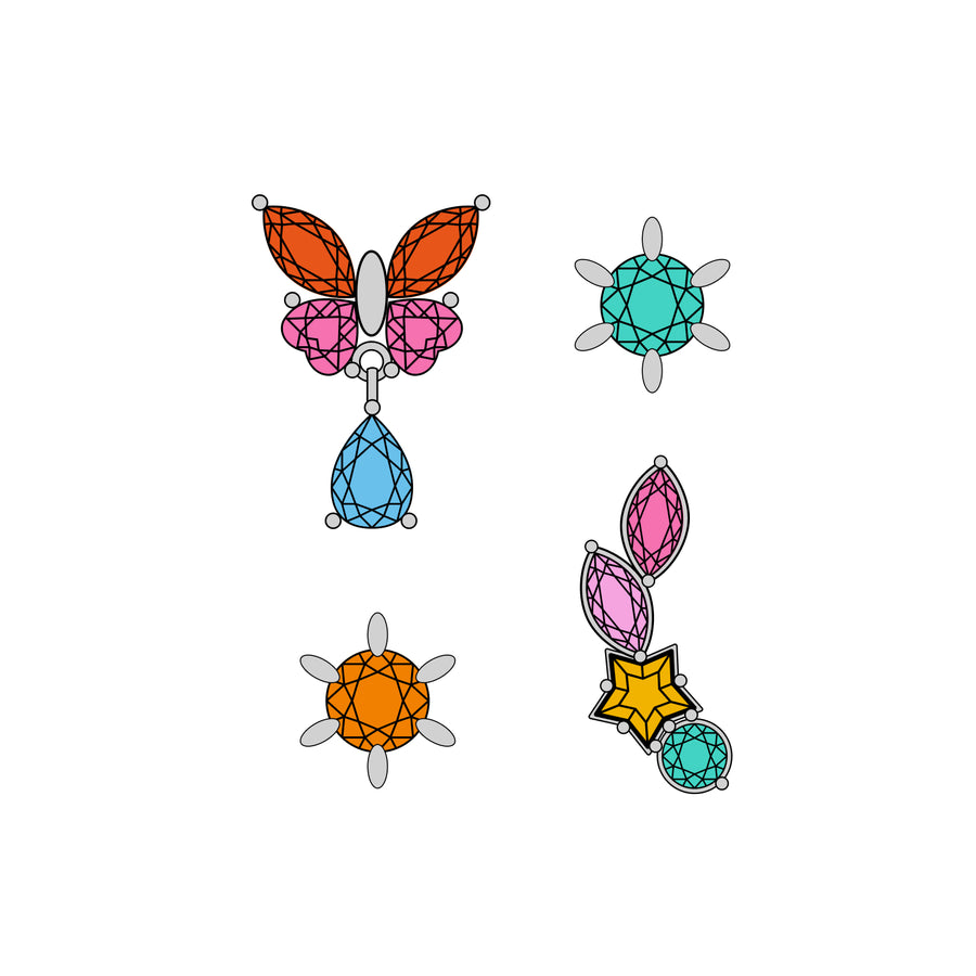 Four titanium earrings on white background. 
Top left: orange and pink butterfly with a blue drop gemstone
Top right: turquoise stud with sun-ray-like prongs
Bottom left: orange stud with sun-ray-like prongs
Bottom right: curved earring with pink marquises, yellow star, and round turquoise gemstones