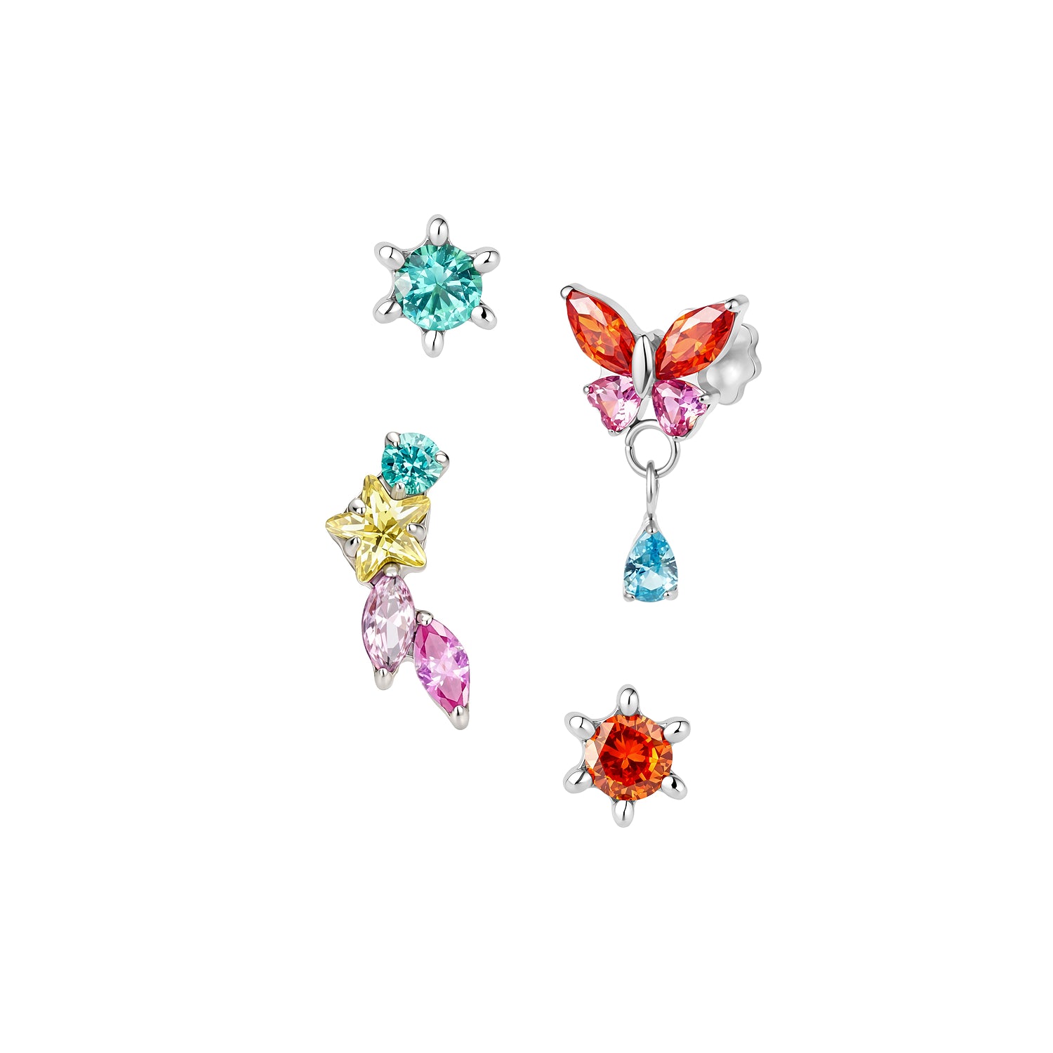 Four titanium earrings on white background. 
Top left: orange and pink butterfly with a blue drop gemstone
Top right: turquoise stud with sun-ray-like prongs
Bottom left: orange stud with sun-ray-like prongs
Bottom right: curved earring with pink marquises, yellow star, and round turquoise gemstones