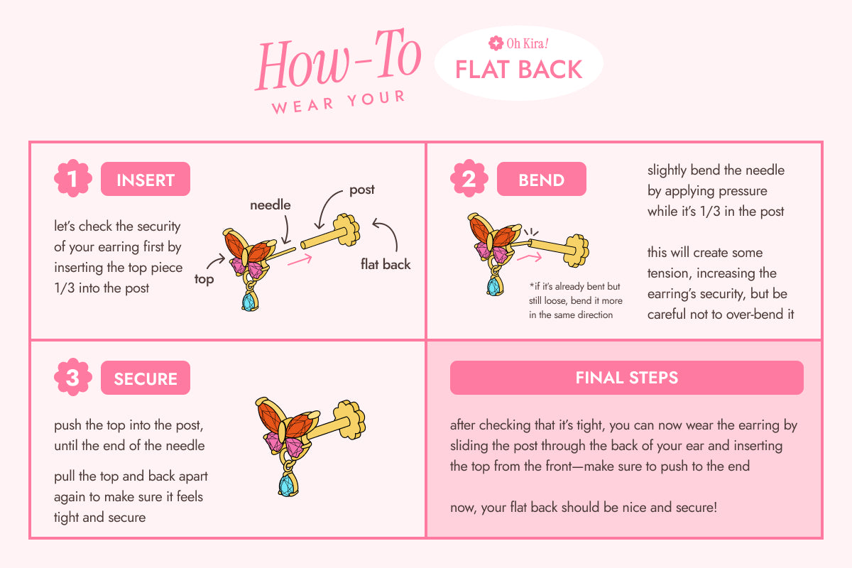 Instructions on how to wear earrings with a push-pin flat back on a pink background