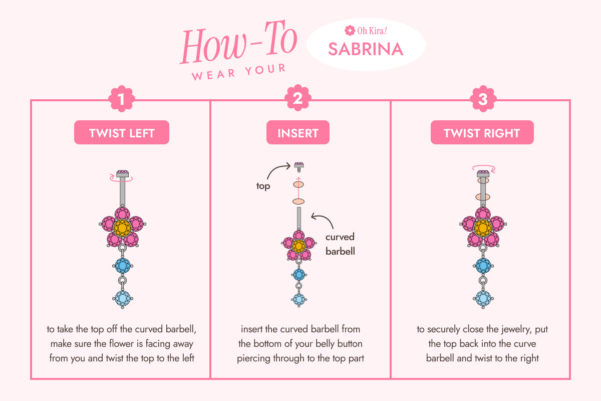 Instructions on how to wear an internally threaded curved barbell on a pink background.