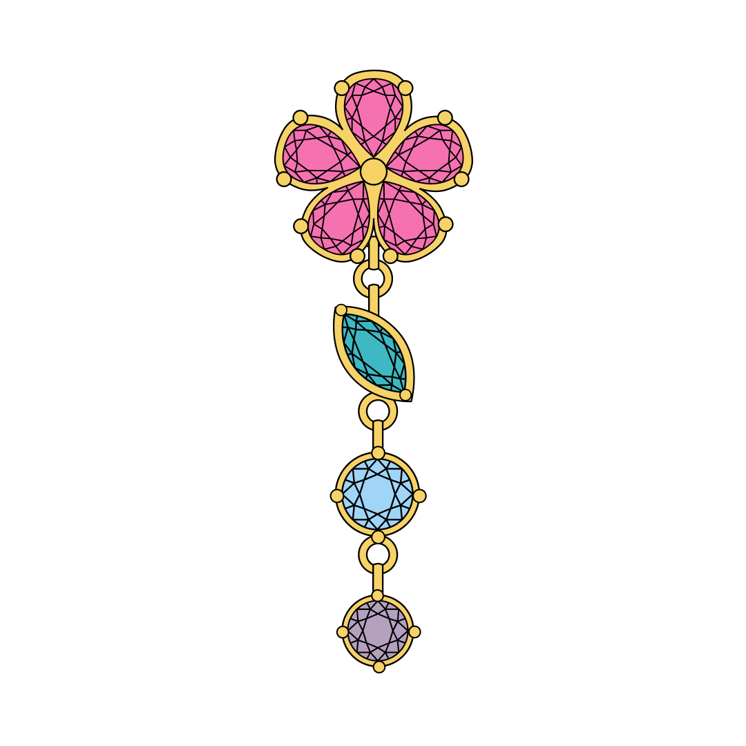 Pink CZ flower flatback earring with removable green, blue, and purple CZ dangle in PVD gold titanium