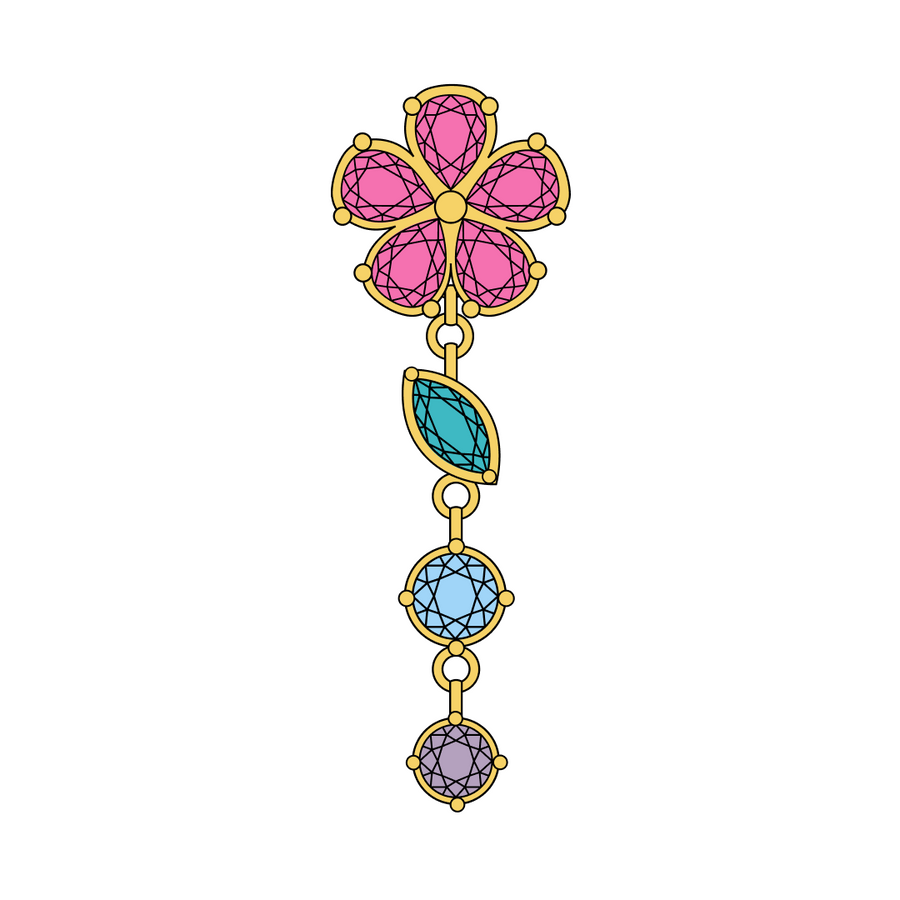 Pink CZ flower flatback earring with removable green, blue, and purple CZ dangle in PVD gold titanium