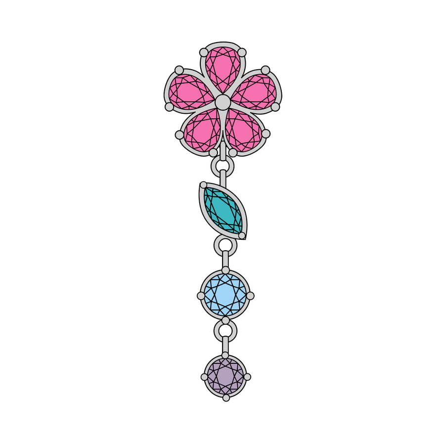 Pink CZ flower flatback earring with removable green, blue, and purple CZ dangle in titanium