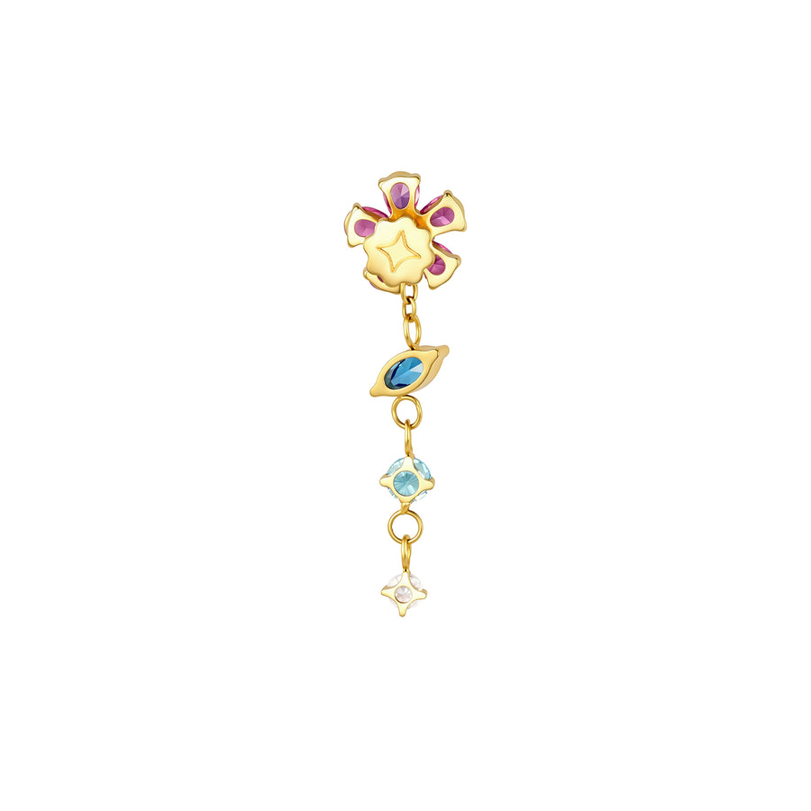 Back view of pink CZ flower flat back stud with a removable dangle of blue and white CZ gemstones in PVD gold titanium #gold