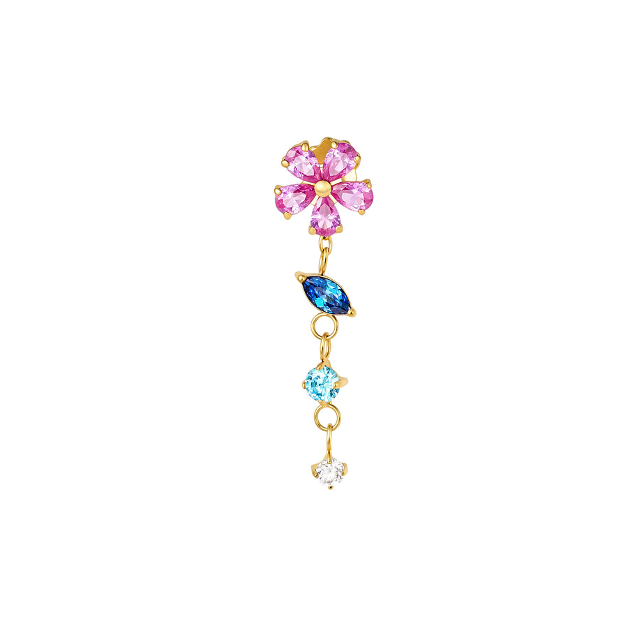 Front view of pink CZ flower flat back stud with a removable dangle of blue and white CZ gemstones in PVD gold titanium #gold