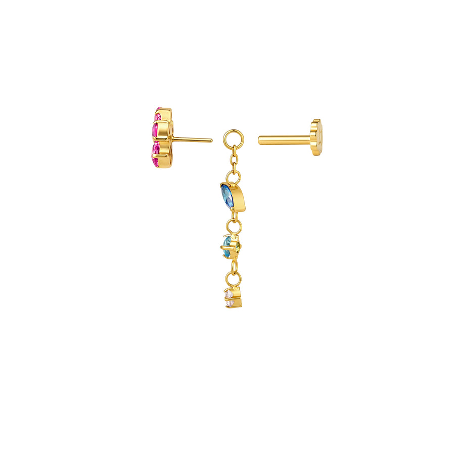 Front view of pink CZ flower flat back stud with a removable dangle of blue and white CZ gemstones in PVD gold titanium #gold