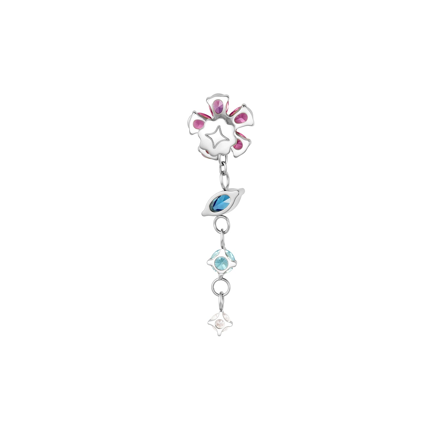 Back view of pink CZ flower flat back stud with a removable dangle of blue and white CZ gemstones in titanium