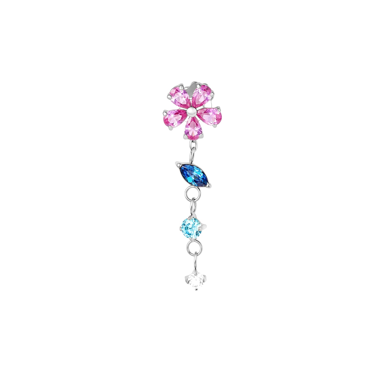 Front view of pink CZ flower flat back stud with a removable dangle of blue and white CZ gemstones in titanium