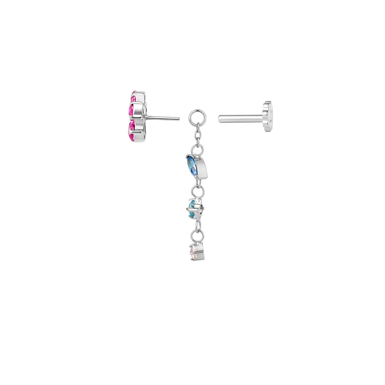 Side view of pink CZ flower flat back stud with a removable dangle of blue and white CZ gemstones in titanium