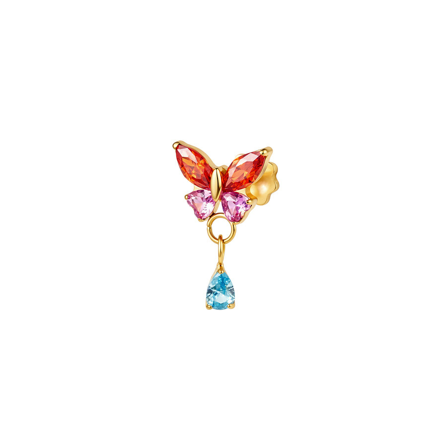 Front view of gold butterfly earring with orange and pink gemstone wings and blue drop gemstone on a white background
