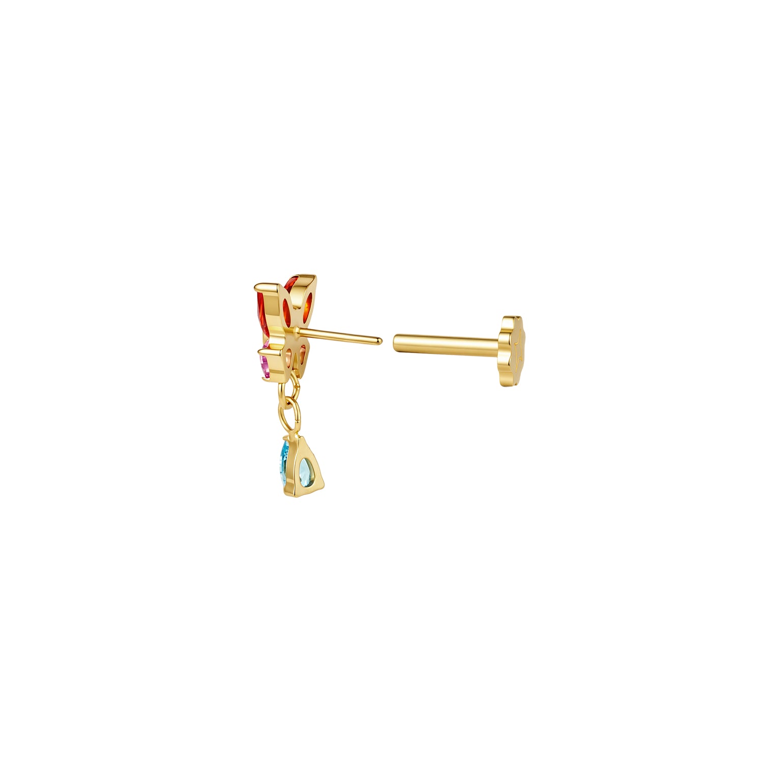 Side view of gold butterfly earring with orange and pink gemstone wings and blue drop gemstone on a white background