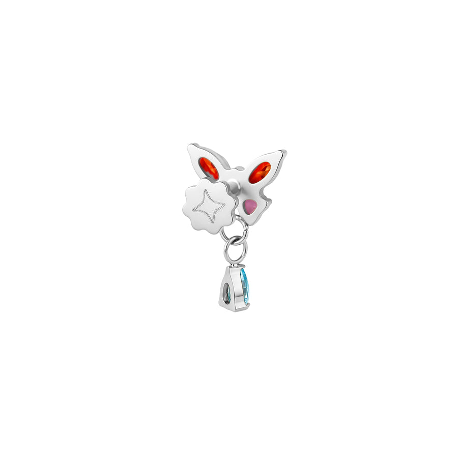 Back view of titanium butterfly earring with orange and pink gemstone wings and blue drop gemstone on a white background #titanium