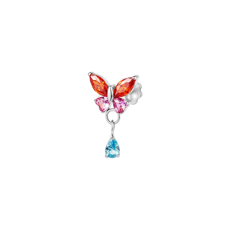 Front view of titanium butterfly earring with orange and pink gemstone wings and blue drop gemstone on a white background