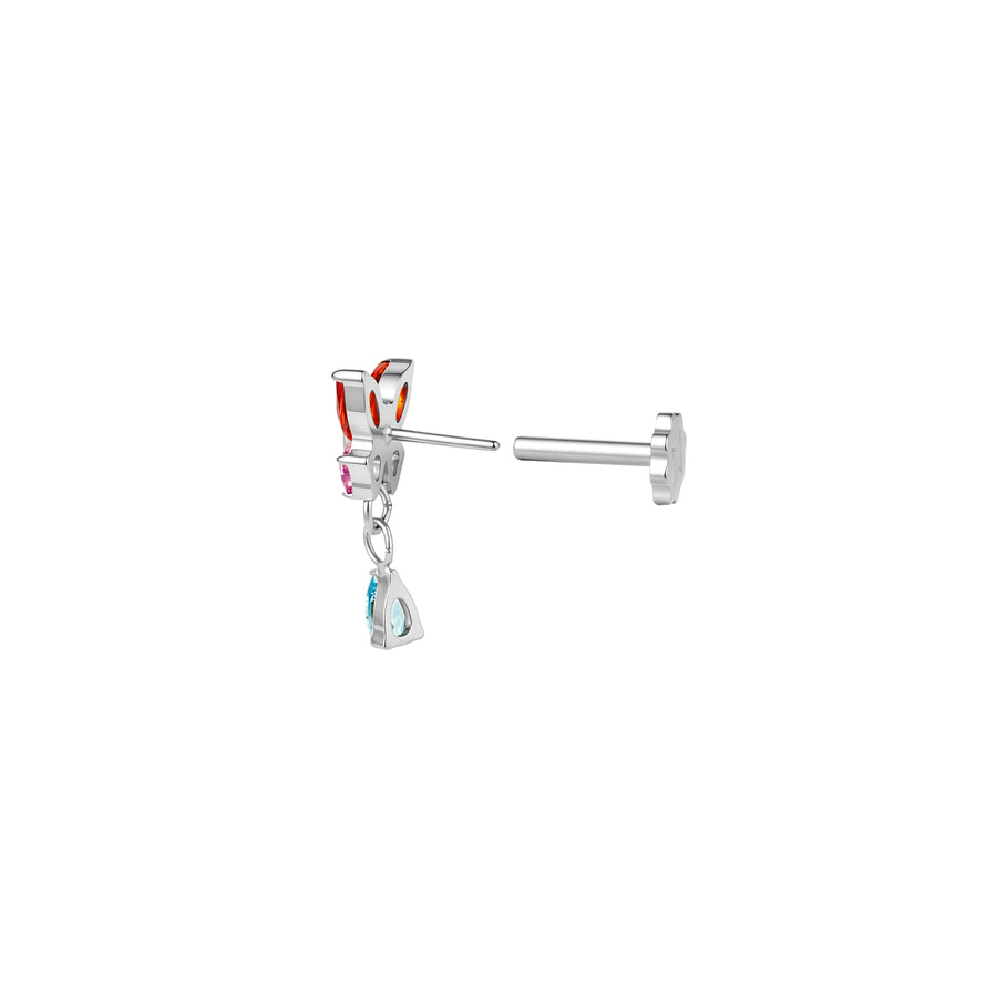 Side view of titanium butterfly earring with orange and pink gemstone wings and blue drop gemstone on a white background #titanium