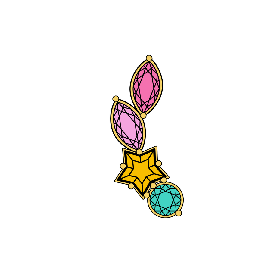 PVD gold titanium ear climber with marquise, star, and round CZ in pink, yellow, and blue