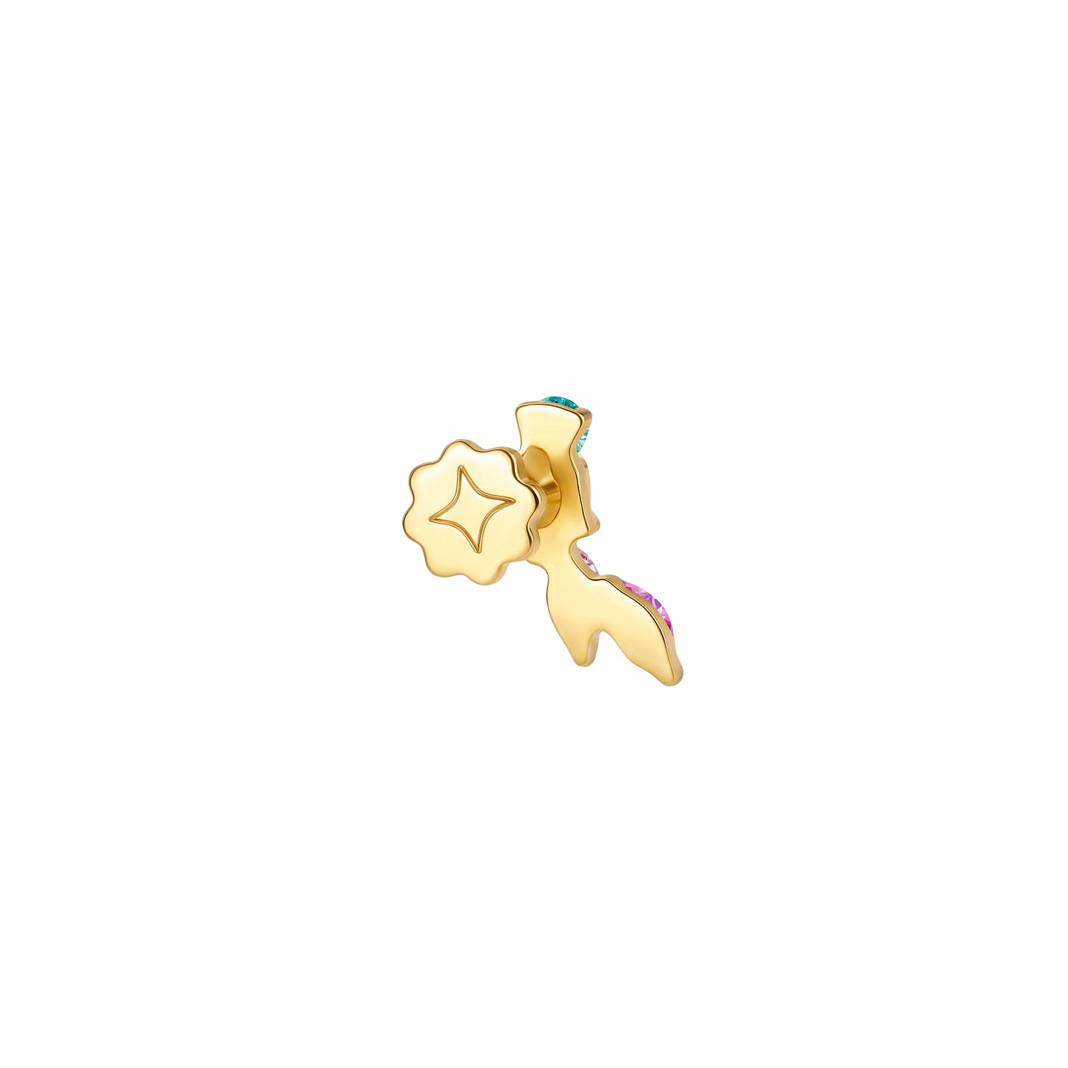 Back view of PVD gold titanium curved ear climber flat back earring with a yellow star, pink marquise, and turquoise round gems
