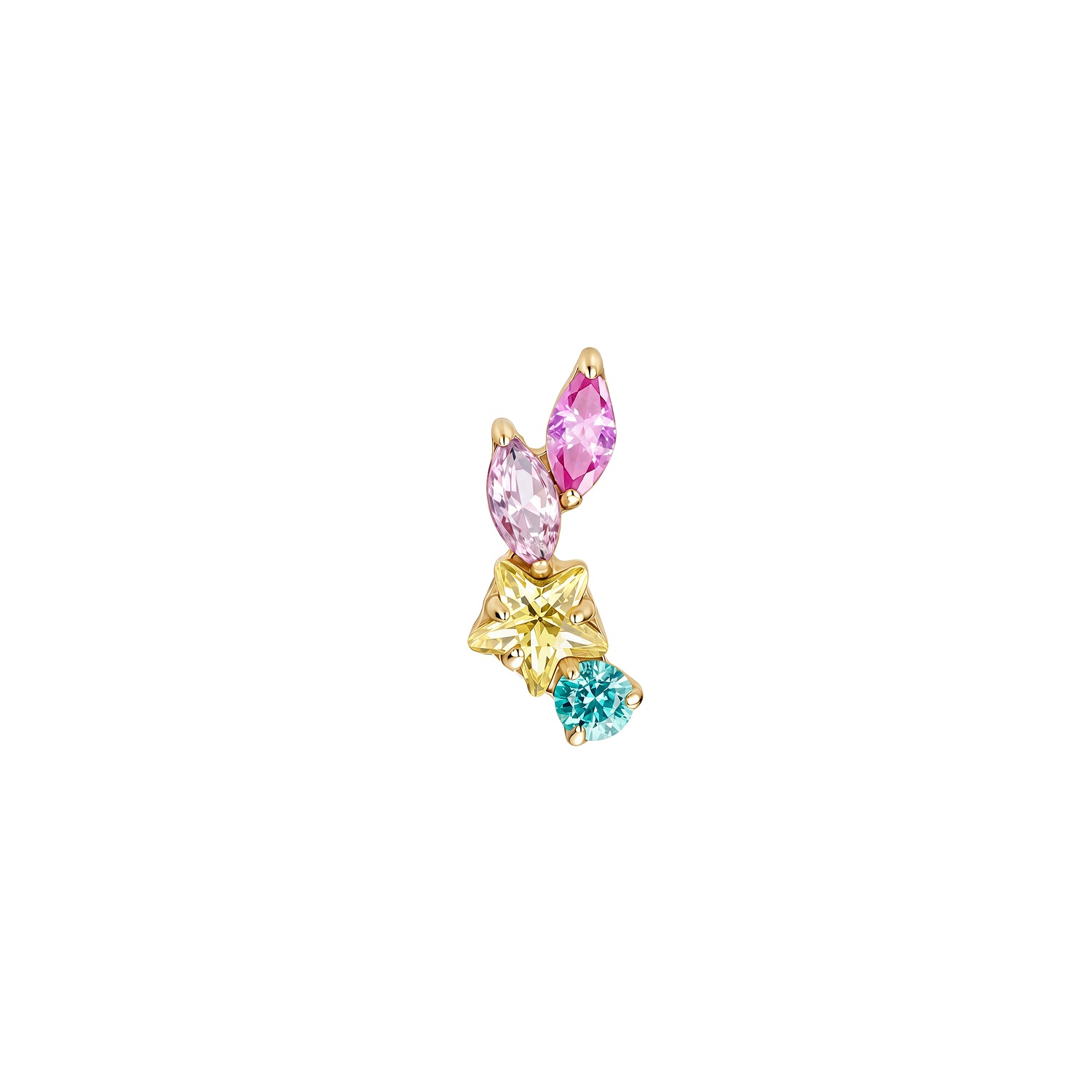 Front view of PVD gold titanium curved ear climber flat back earring with a yellow star, pink marquise, and turquoise round gems