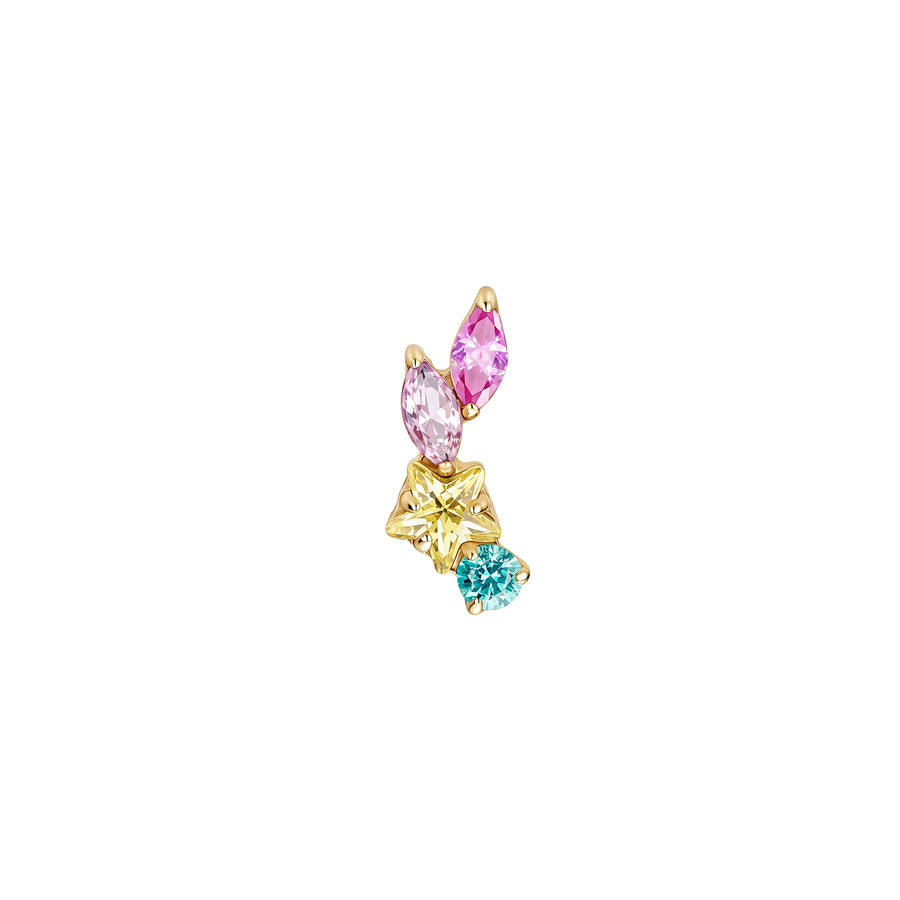 Front view of PVD gold titanium curved ear climber flat back earring with a yellow star, pink marquise, and turquoise round gems #gold