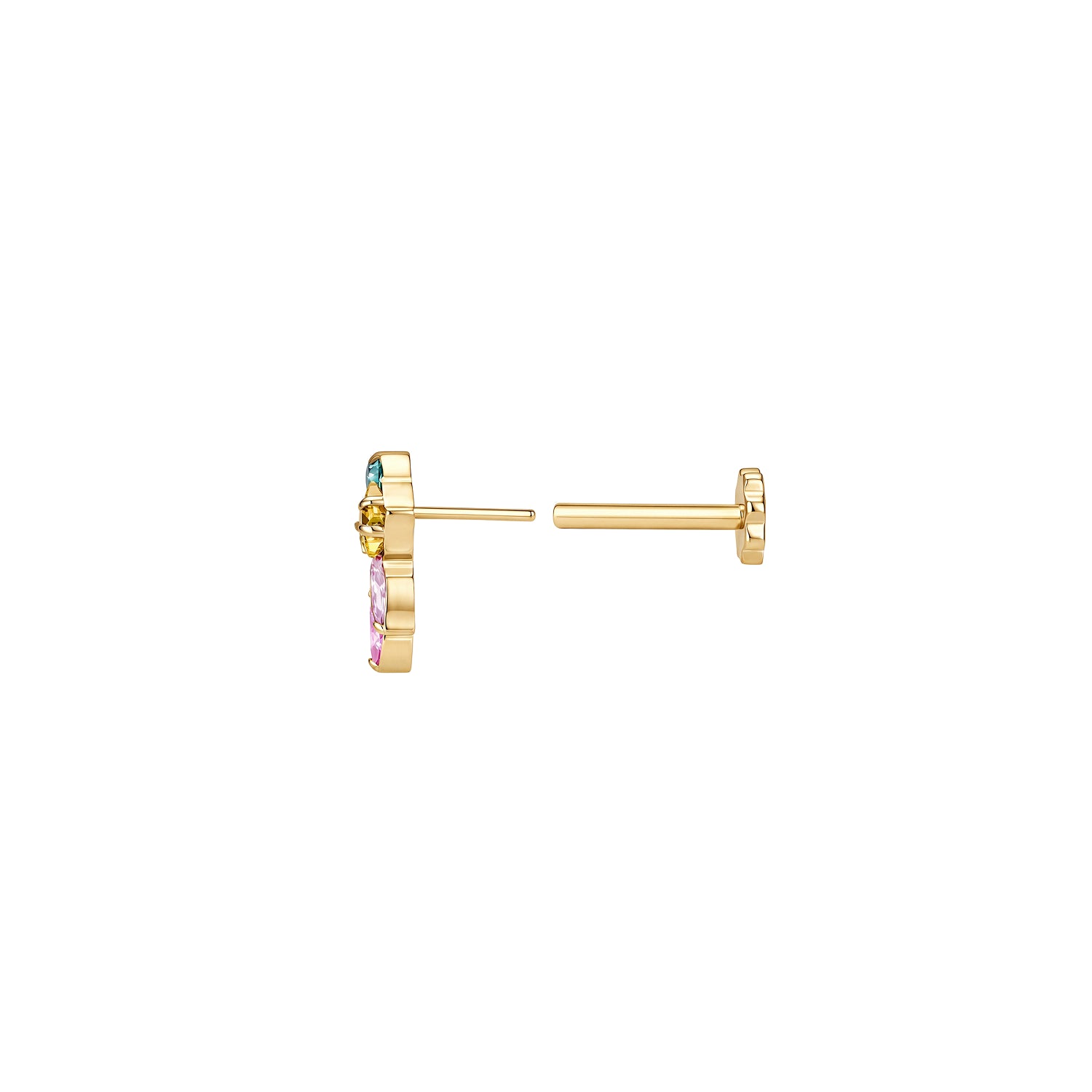 Side view of PVD gold titanium curved ear climber flat back earring with a yellow star, pink marquise, and turquoise round gems