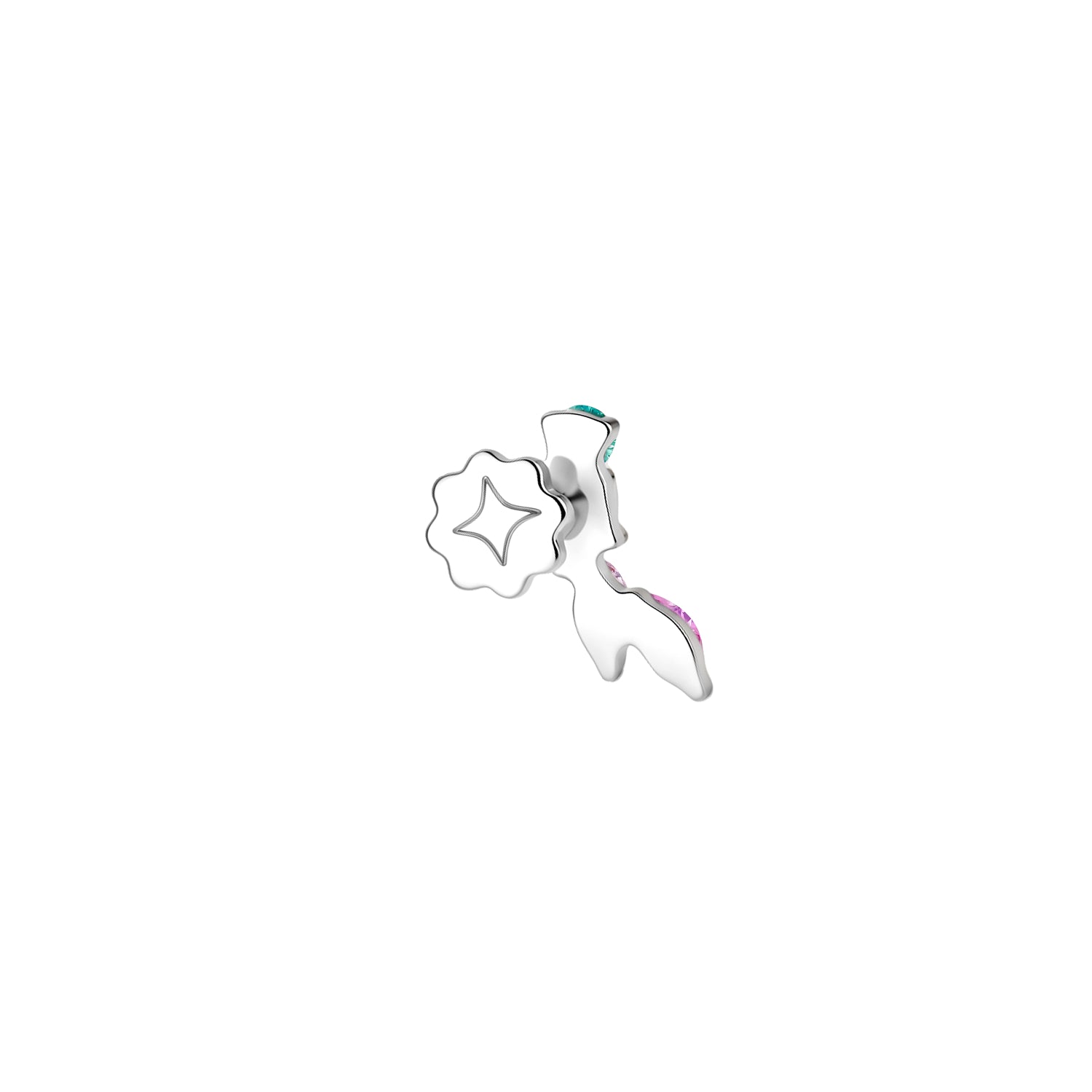 Back view of titanium curved ear climber flat back earring with a yellow star, pink marquise, and turquoise round gems