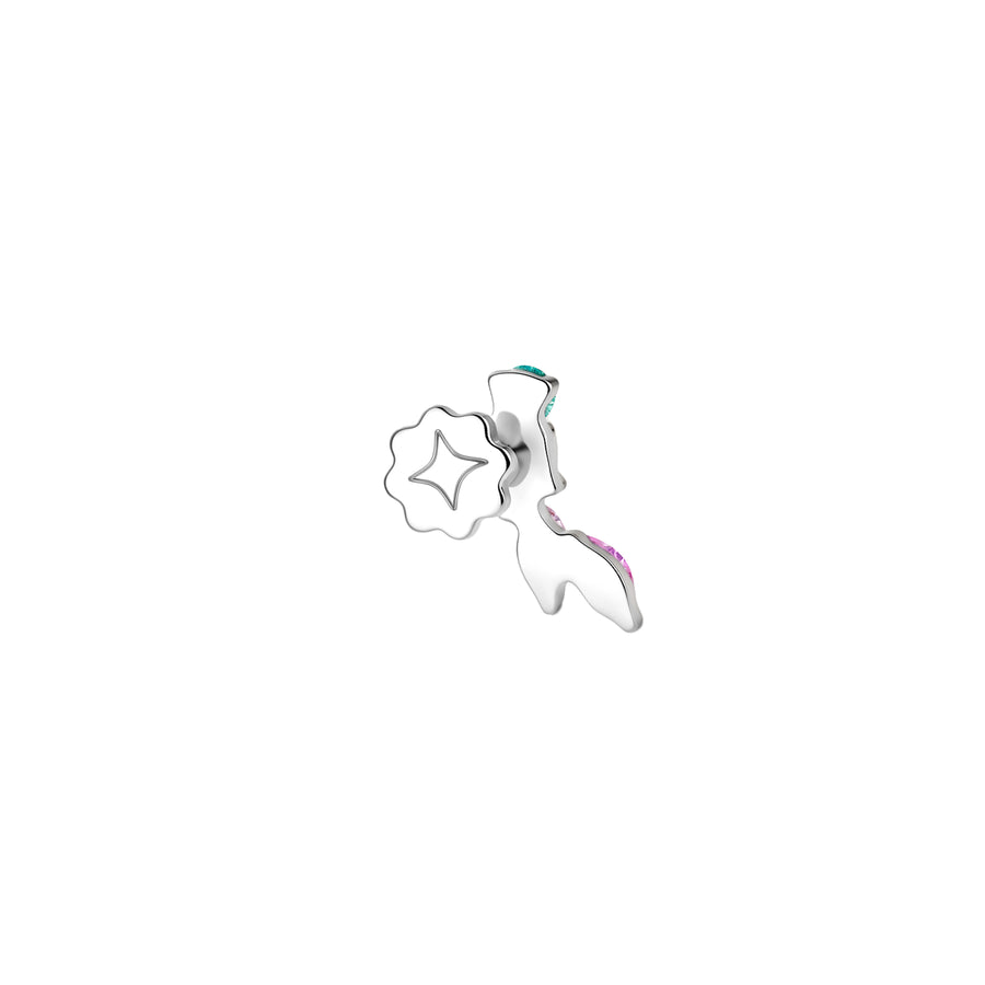 Back view of titanium curved ear climber flat back earring with a yellow star, pink marquise, and turquoise round gems #titanium