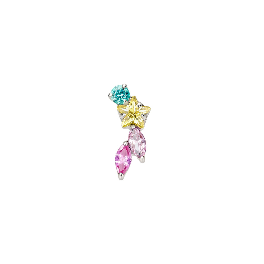 Front view of titanium curved ear climber flat back earring with a yellow star, pink marquise, and turquoise round gems