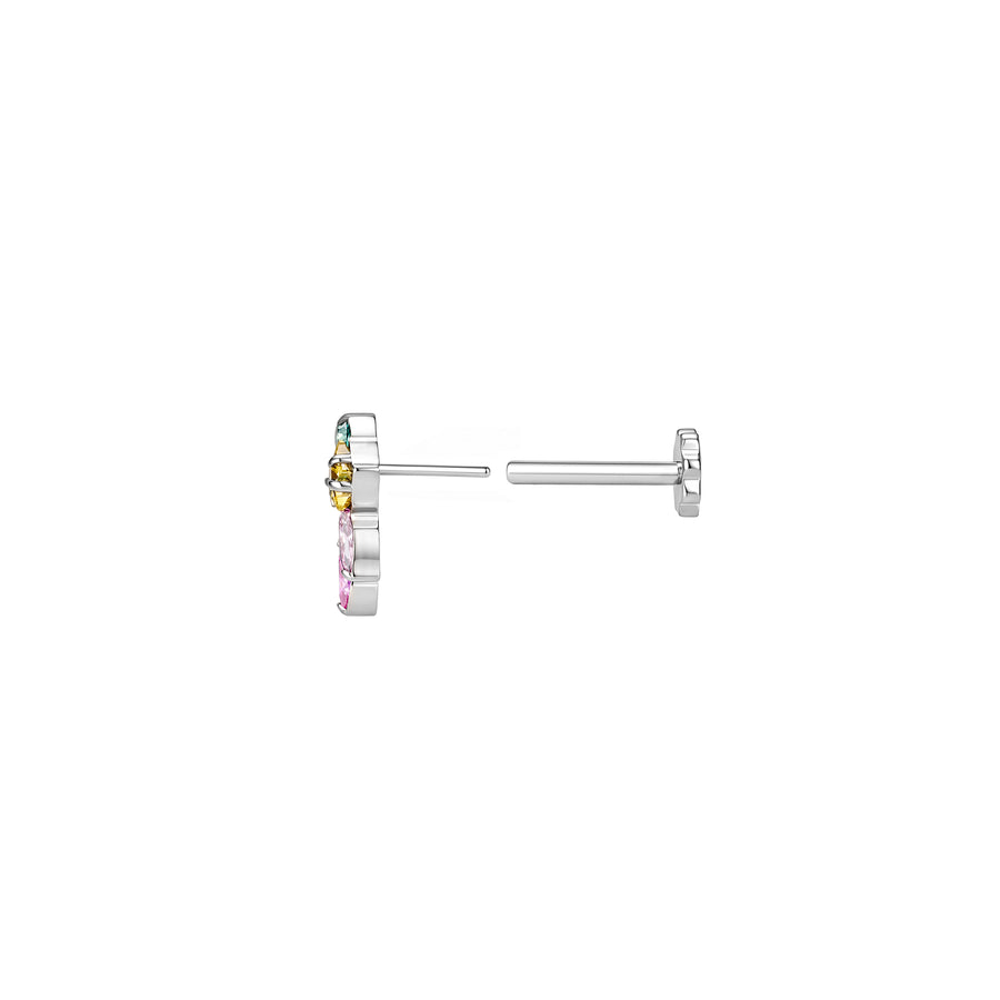 Side view of titanium curved ear climber flat back earring with a yellow star, pink marquise, and turquoise round gems #titanium