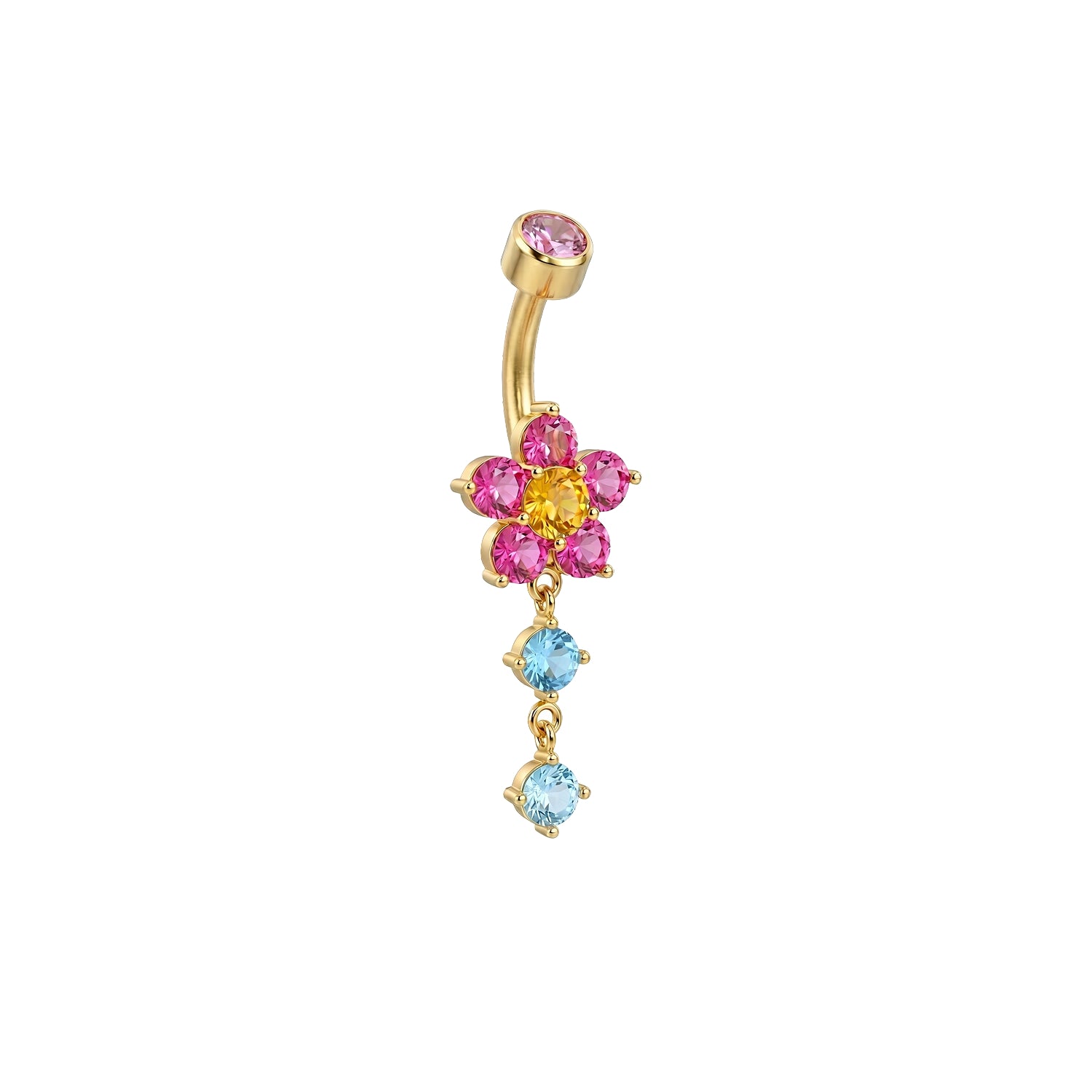 Front view of PVD gold titanium belly button jewelry with a pink CZ flower center and cascading blue gemstones