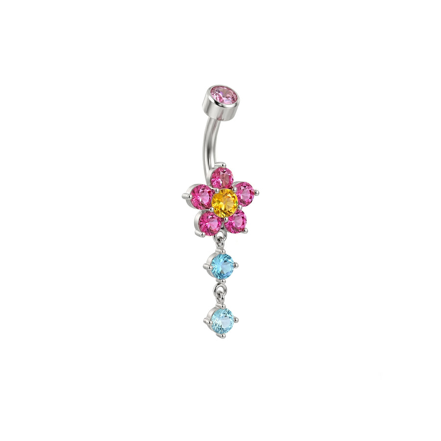 Front view of titanium belly button jewelry with a pink CZ flower center and cascading blue gemstones