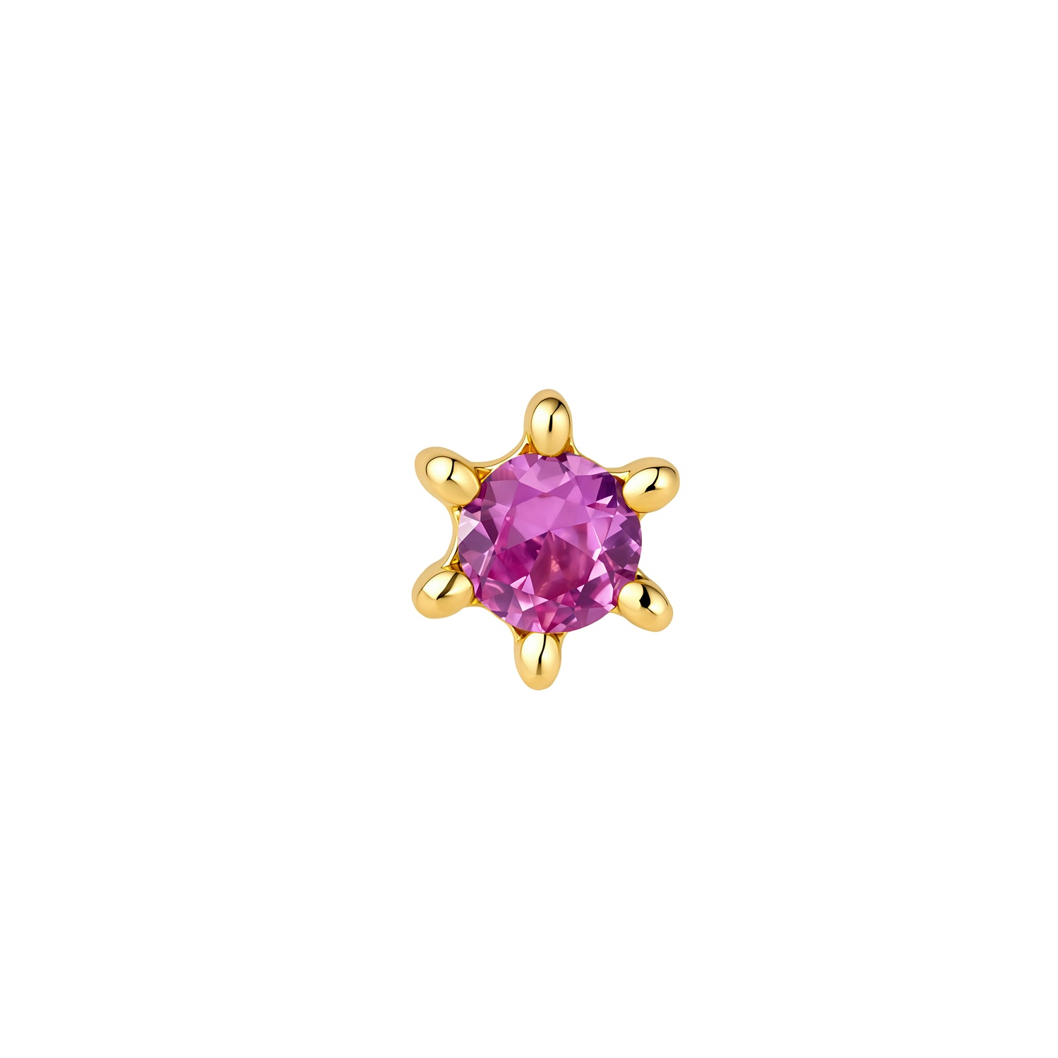 Front view of round, pink CZ sun stud with 6 ray-like prongs in PVD gold titanium