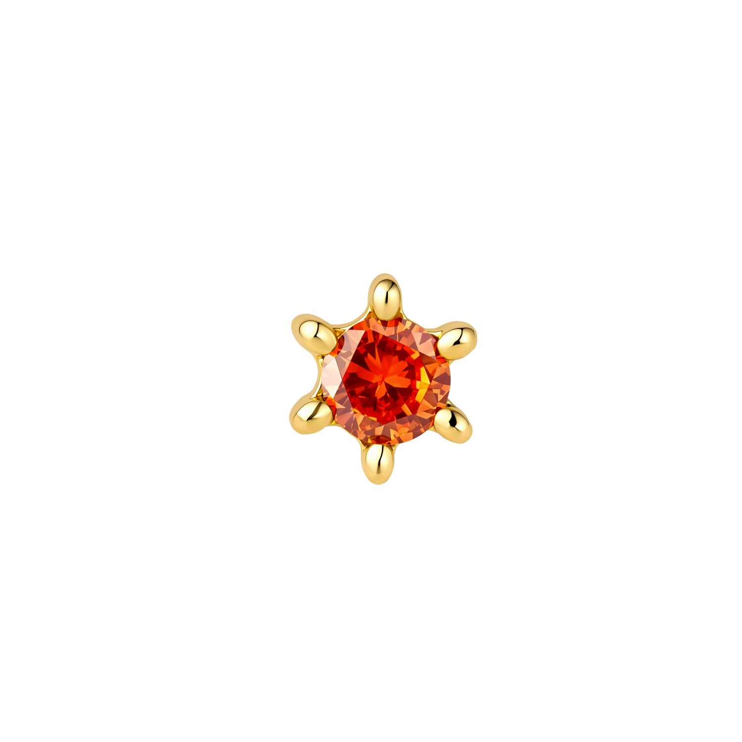 Front view of round, orange CZ sun stud with 6 ray-like prongs in PVD gold titanium