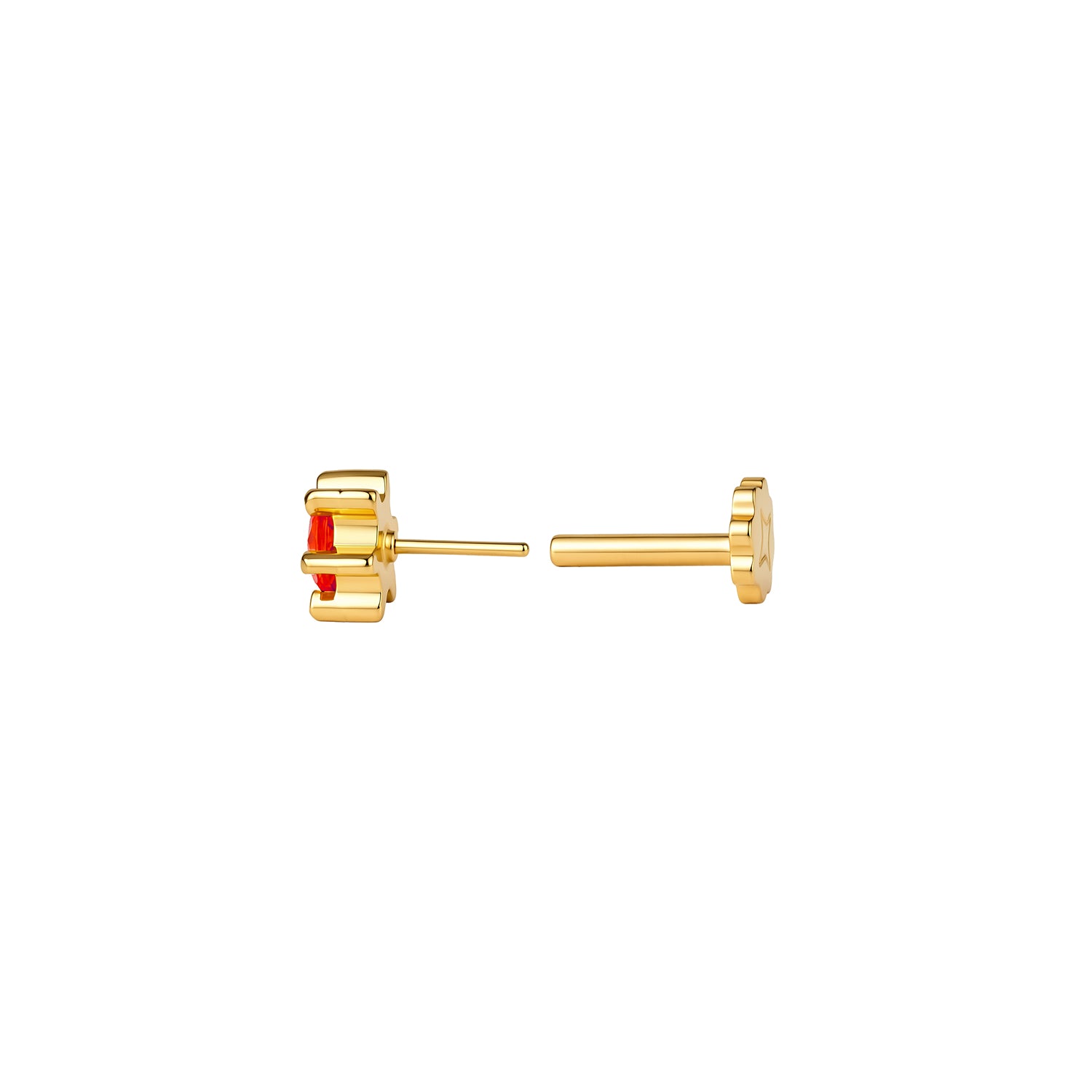 Side view of round, orange CZ gem stud with 6 ray-like prongs in PVD gold titanium