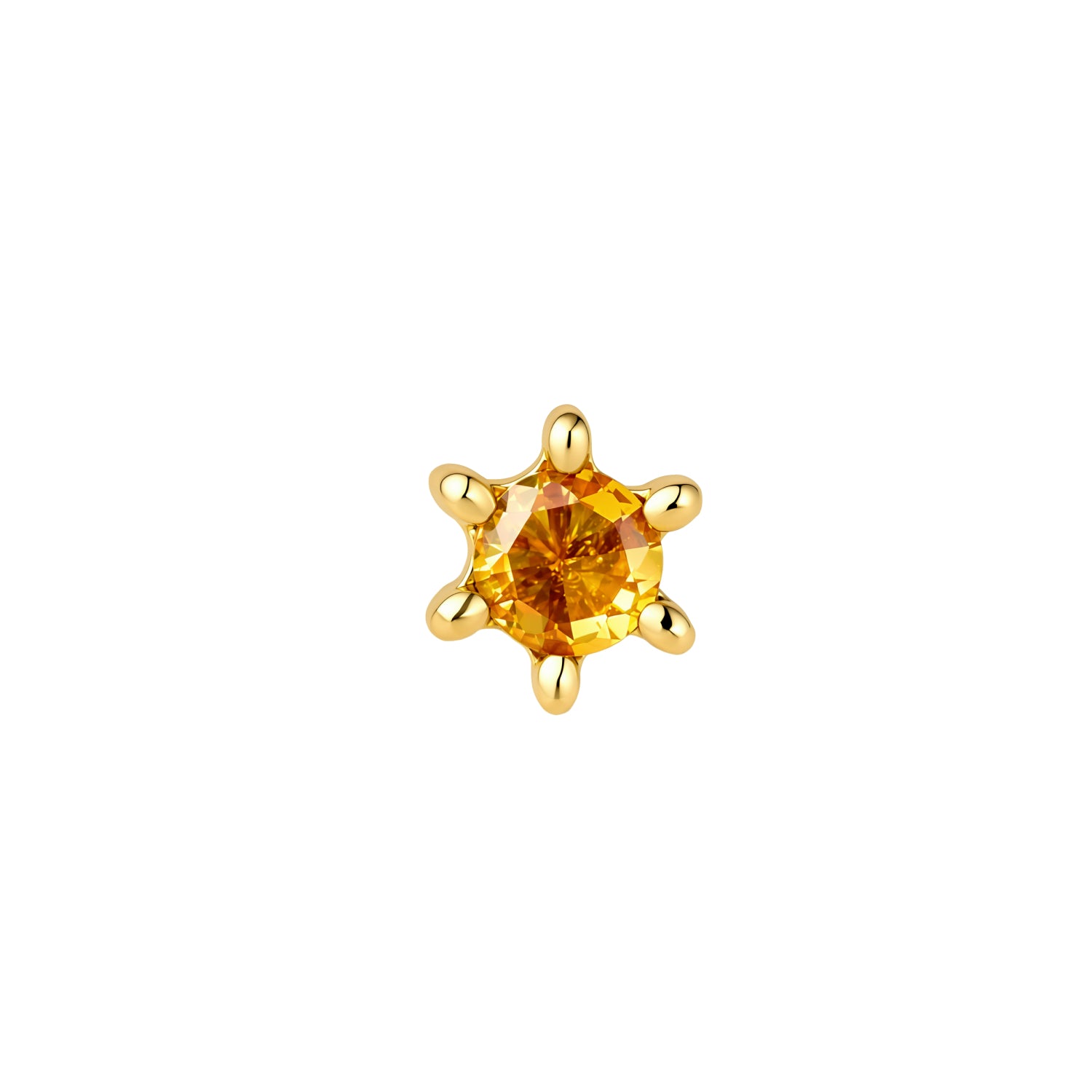 Front view of round, yellow CZ sun stud with 6 ray-like prongs in PVD gold titanium