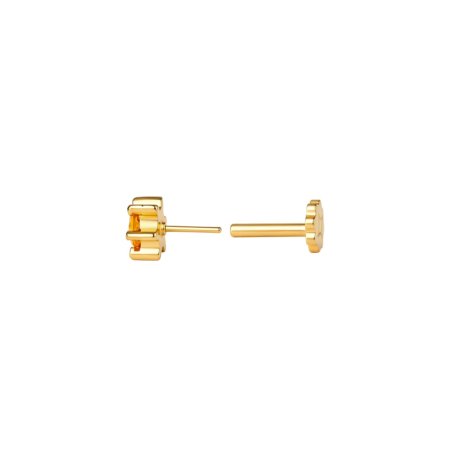Side view of round, yellow CZ sun stud with 6 ray-like prongs in PVD gold titanium