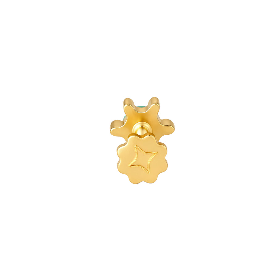 Back view of round, turquoise CZ sun stud with 6 ray-like prongs in PVD gold titanium #gold__wave